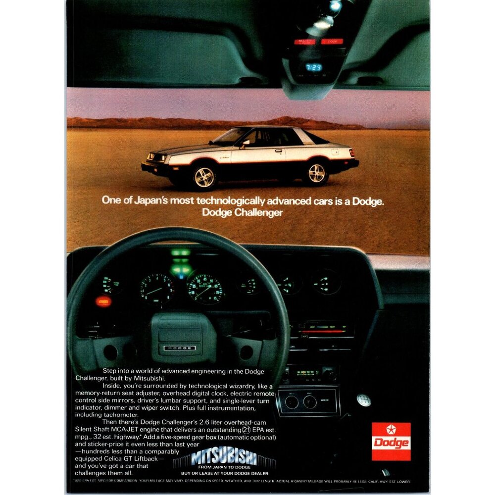 1980 Dodge Challenger Coupe Vintage Print Ad Interior Dash Lights 80s Wall Art
